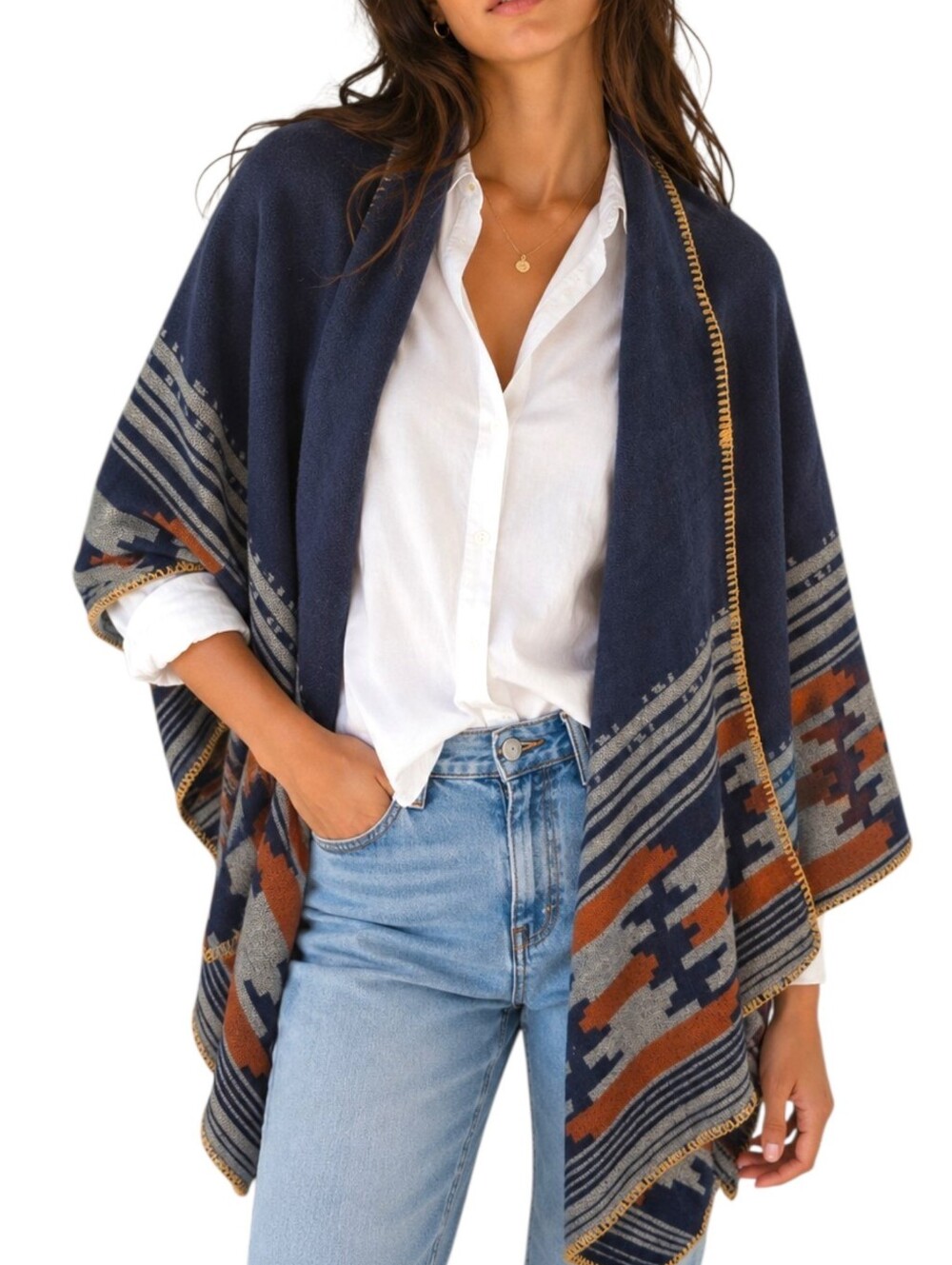 Navy Grey Brown Aztec Southwestern Blanket Wrap Scarf Shawl OS Western Tribal